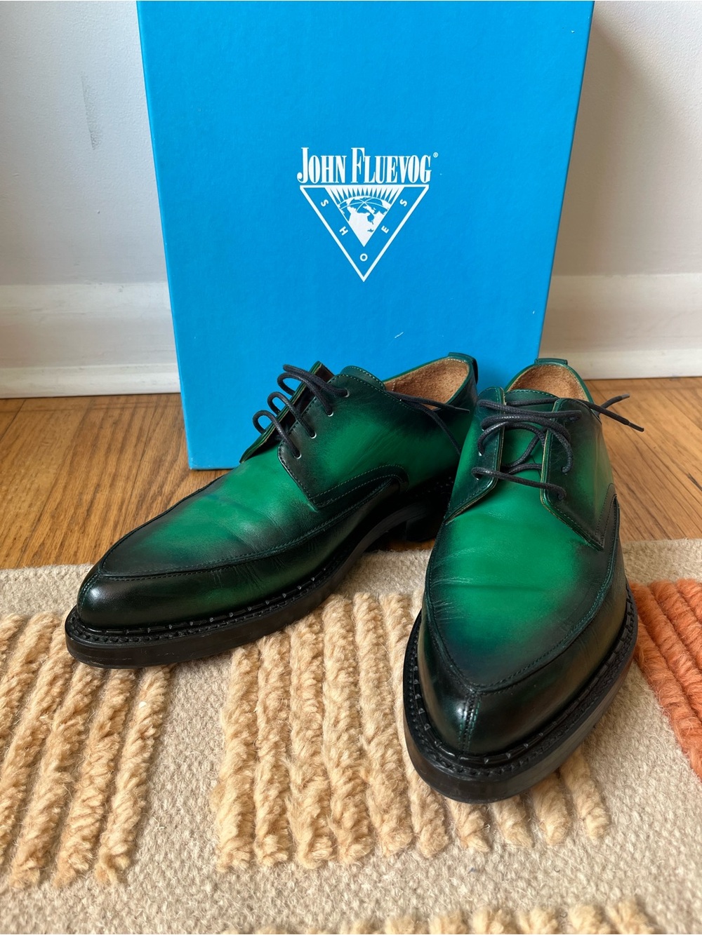 John Fluevog “Moneymaker” - green + black - size 7.5 mens, 9.5 womens